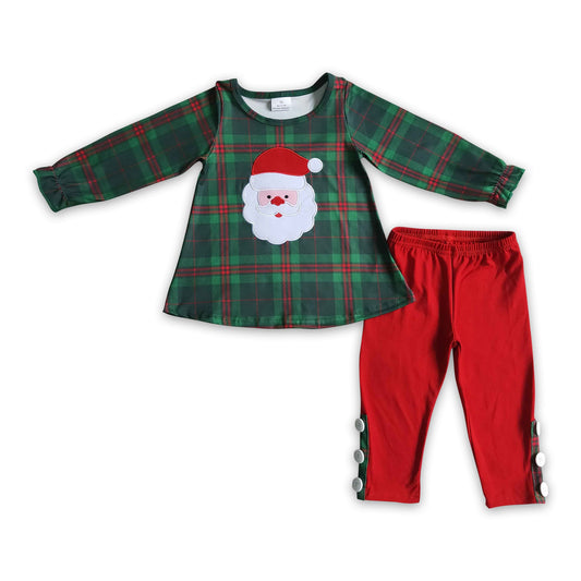Green red plaid santa embroidery red leggings girls Christmas clothes