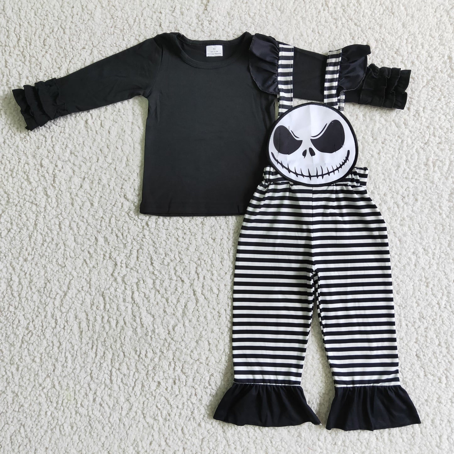 Black shirt skull embroidery stripe overalls girls Halloween clothes