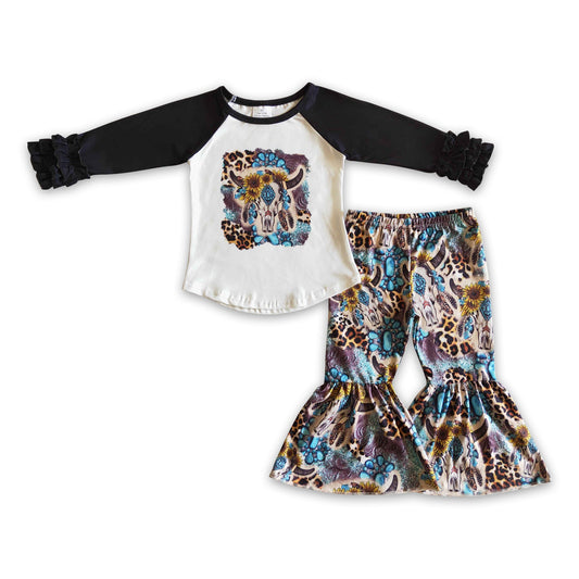 Bull skull turquoise sunflower western girls clothes