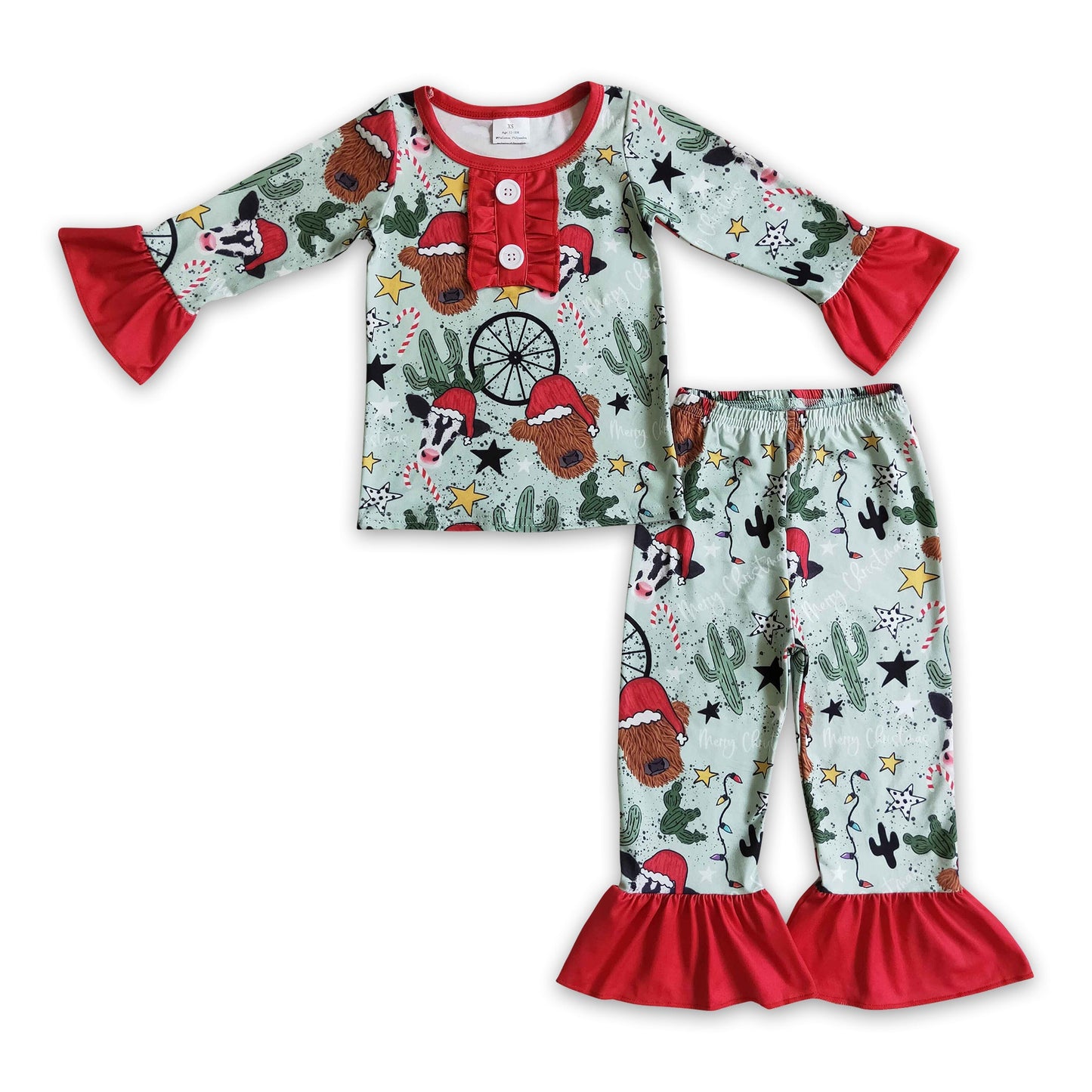 Highland cow cactus kids girls western Christmas pajamas