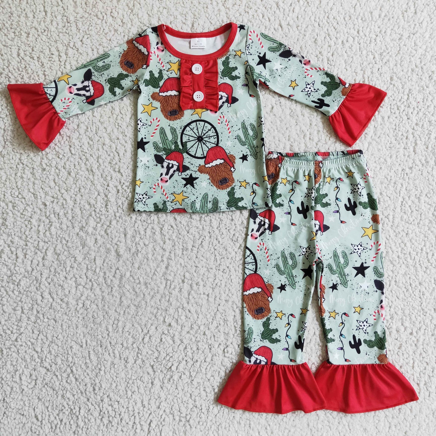 Highland cow cactus kids girls western Christmas pajamas