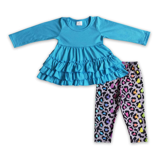 Blue cotton ruffle tunic leopard leggings girls clothes