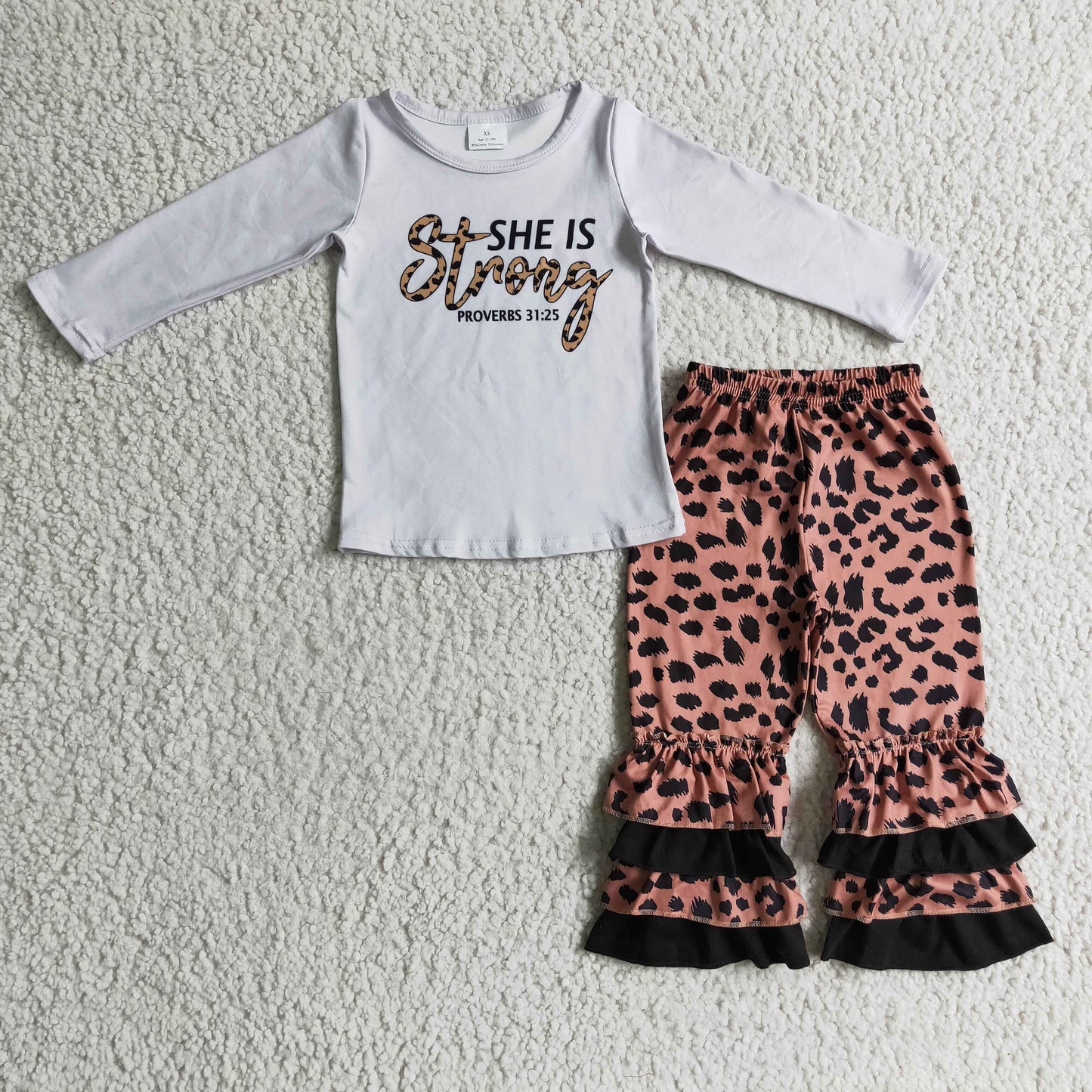 She is strong shirt leopard ruffle pants girls clothing set