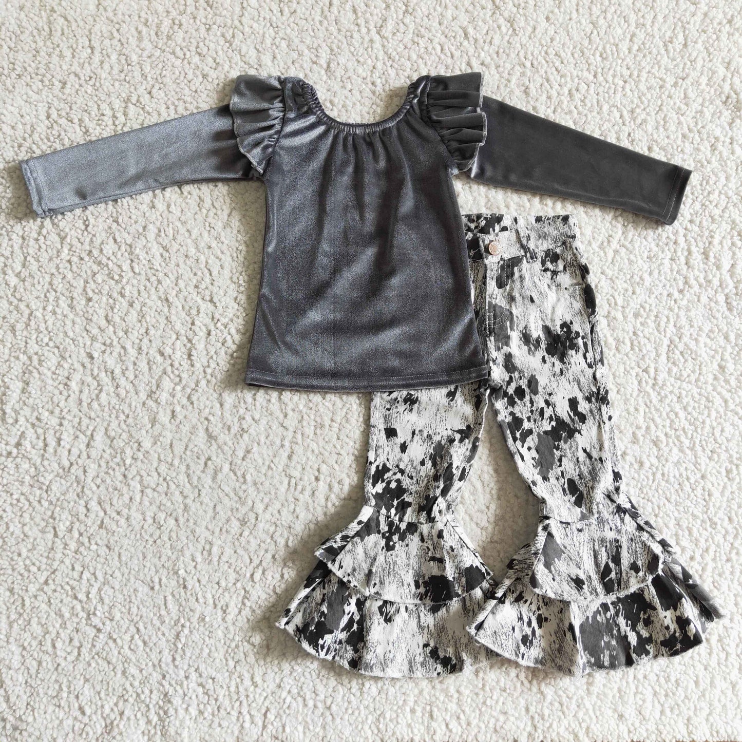 Grey velvet shirt match ruffle jeans girls clothing set