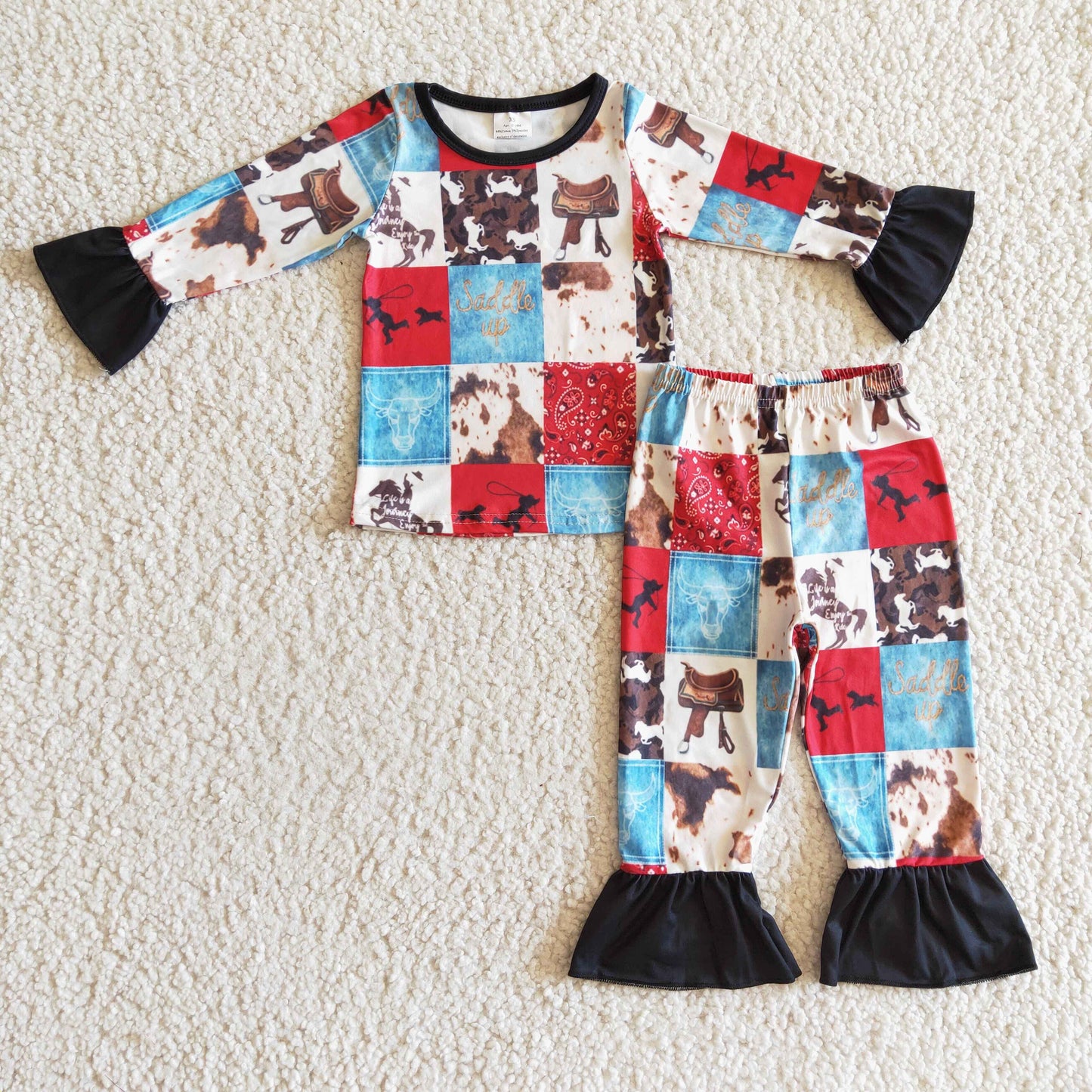 Paisley horse cow patchwork kids girls western pajamas