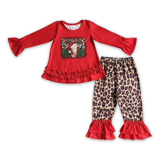 Cow hat red shirt leopard pants girls Christmas clothing