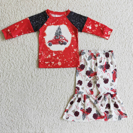 Christmas tree car shirt bell bottom pants kids girls outfits