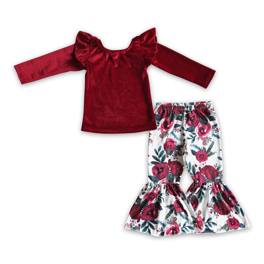 Red velvet shirt floral pants girls clothing set