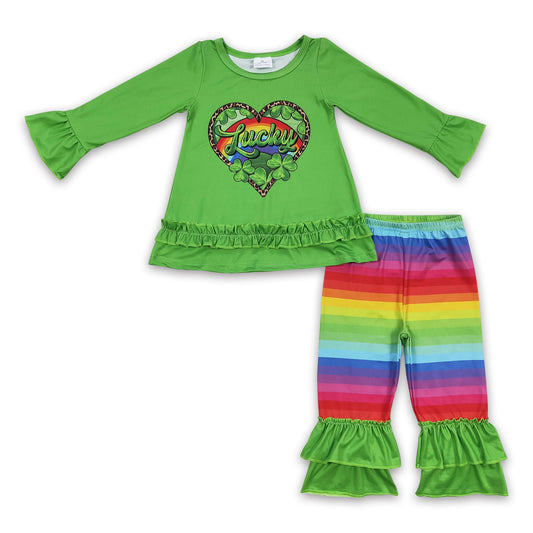 Lucky heart ruffle shirt rainbow pants girls St patrick's day clothes