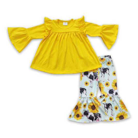 Yellow cotton tunic cow sunflower pants girls clothing set