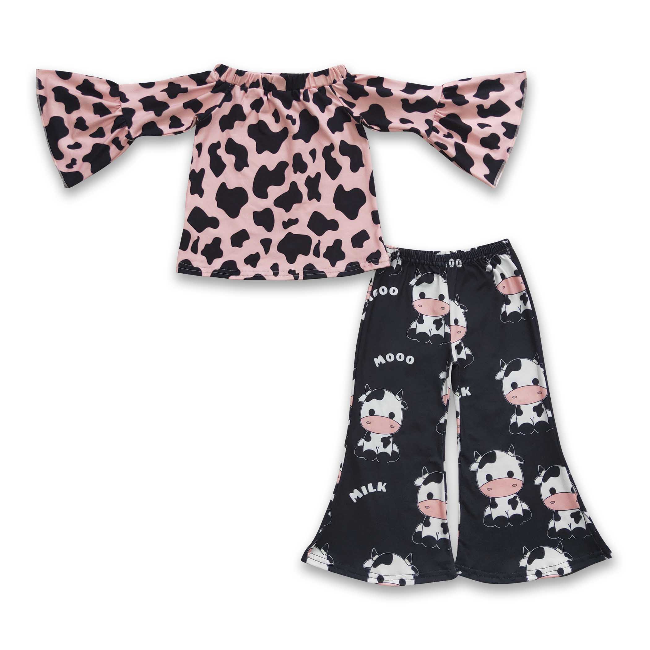 Mooo milk cow long sleeves pants girls clothing set Yawoo Garments