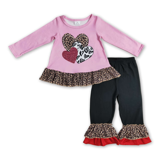 Heart pink leopard ruffle top match pants girls valentine clothes