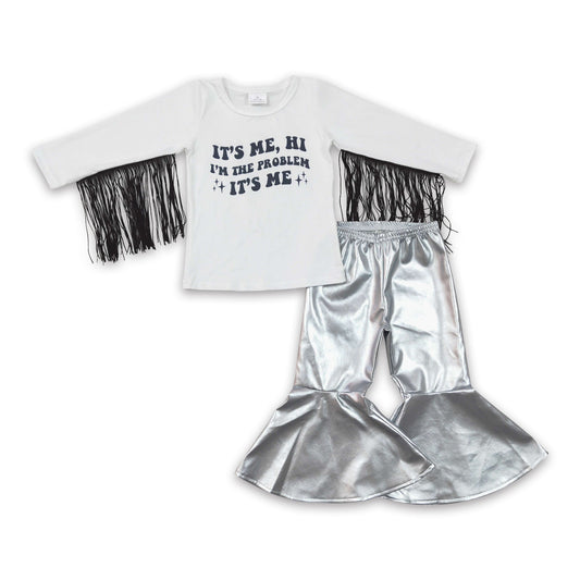 Problem tassels shirt silver leather pants girls clothing set