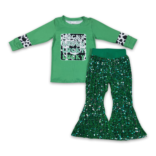 Lucky cow shirt green sequin pants girls st patrick's day clothes