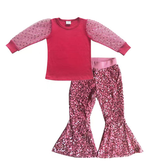 Tulle long sleeves shirt sequin pants girls clothing set