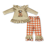 Dog pumpkin shirt plaid pants girls Halloween clothes