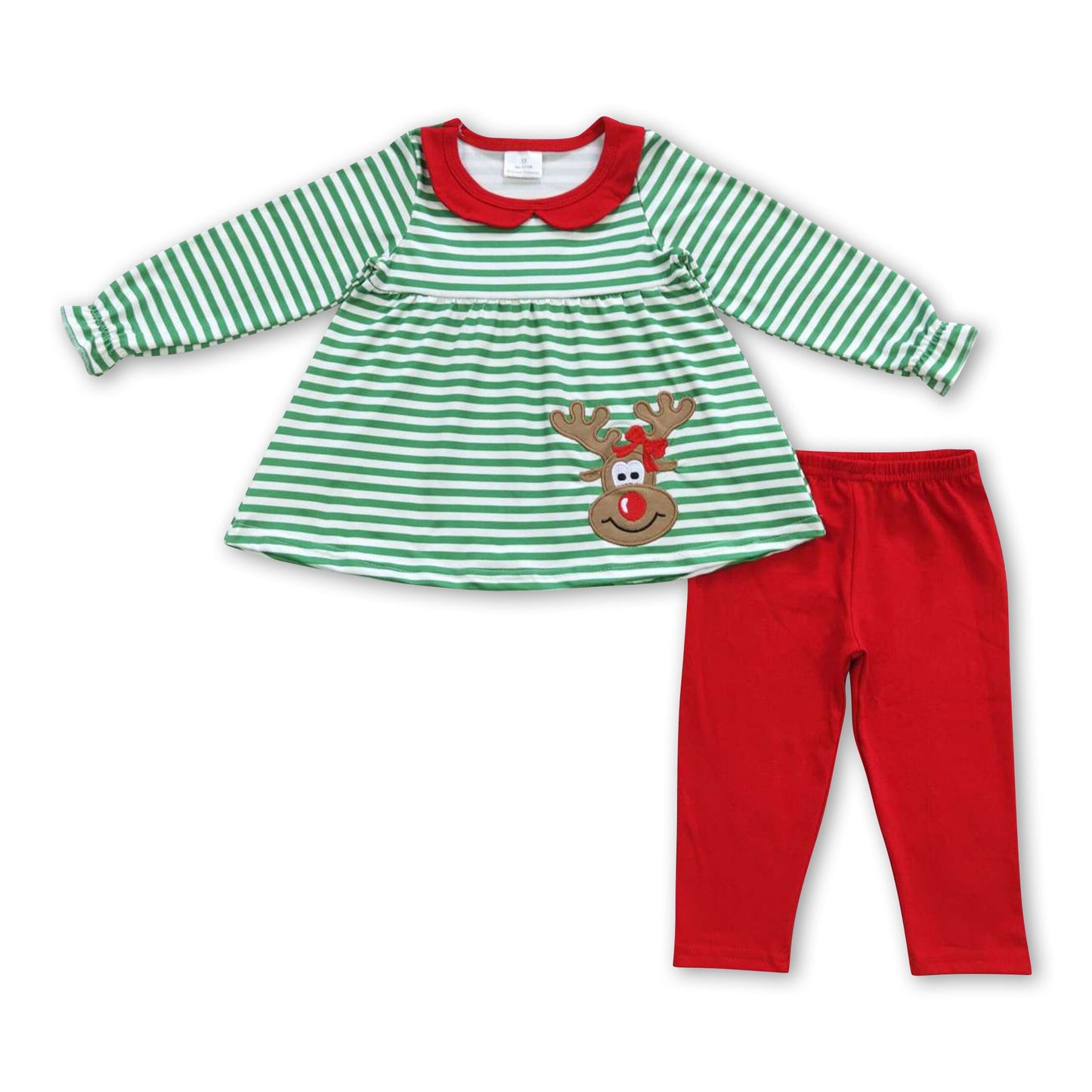 Reindeer green stripe shirt red leggings girls Christmas outfits