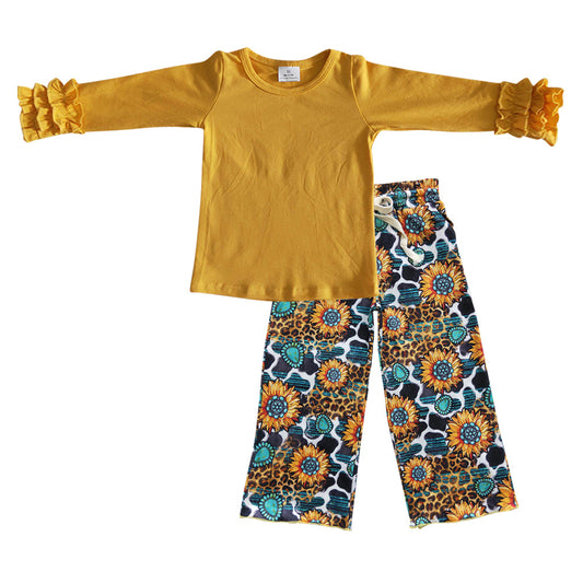 Mustard top sunflower pants kids western clothing set