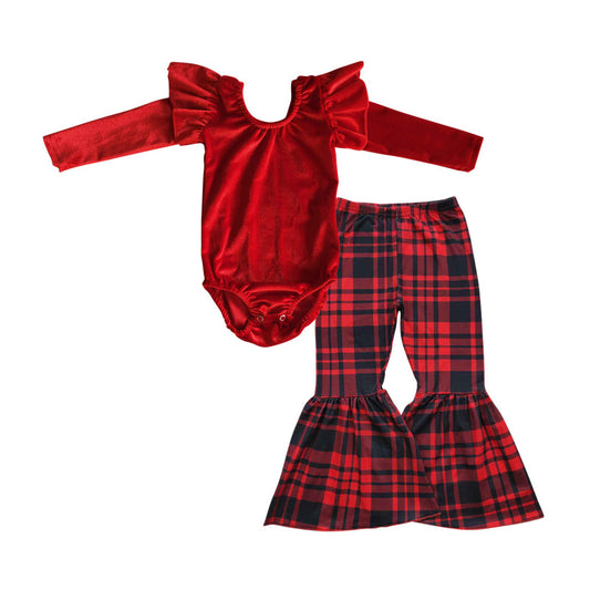 Red vevlet romper buffalo plaid pants girls Christmas outfits