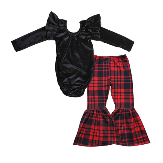 Black vevlet romper buffalo plaid pants girls Christmas outfits