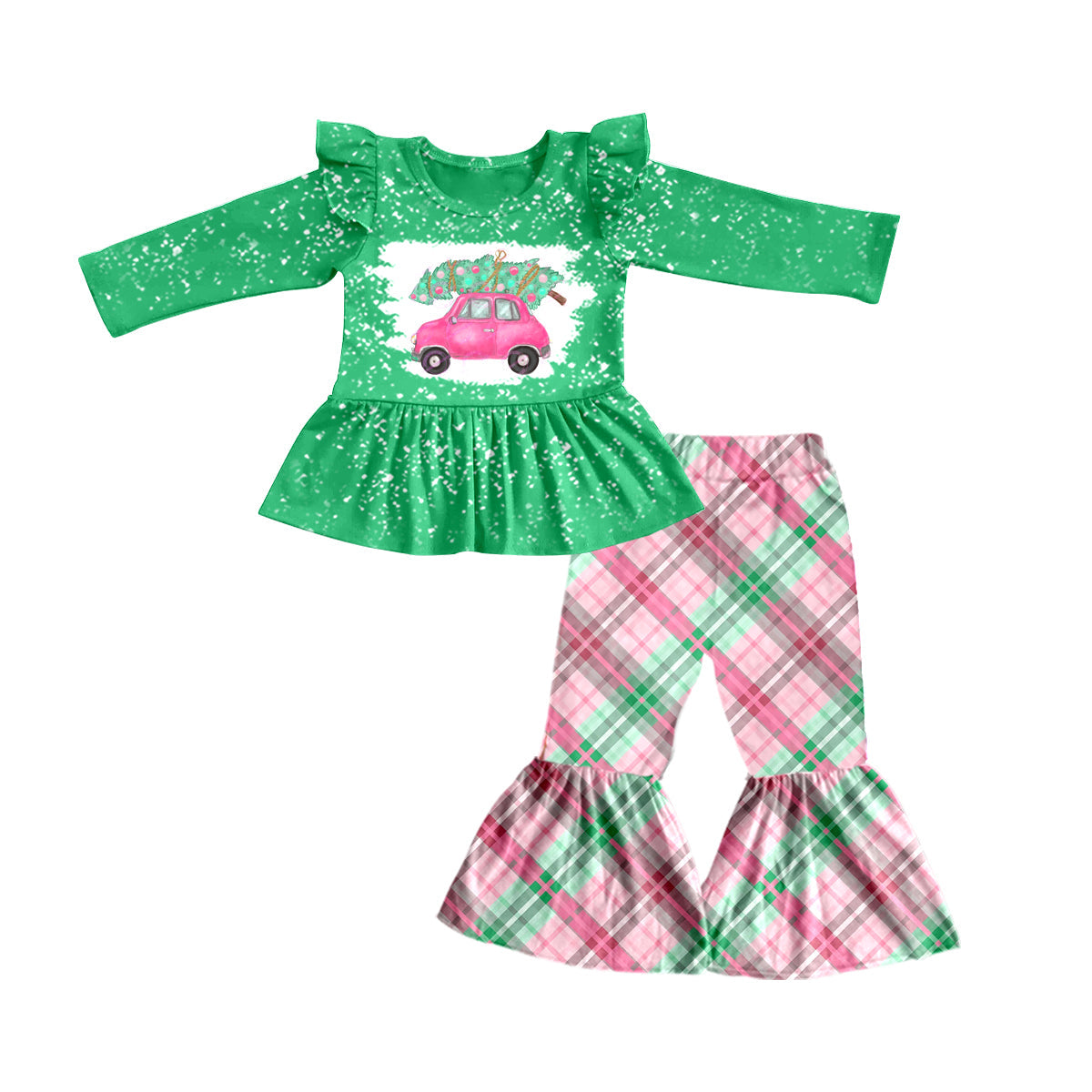 Christmas tree cars top plaid pants kids girls clothing