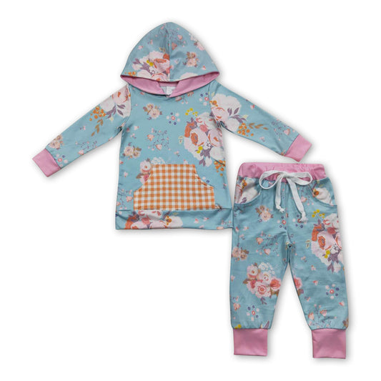 Floral plaid hoodie pants kids girls clothing set