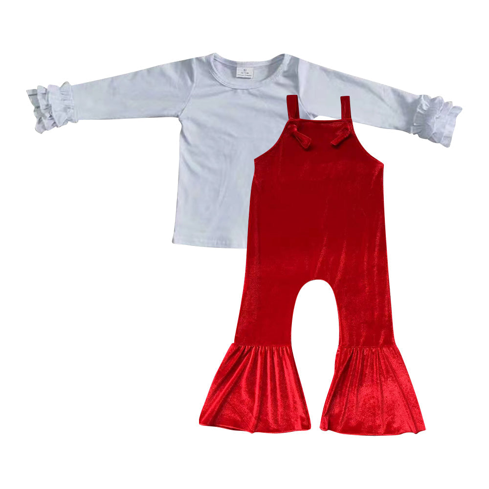 White top red velvet jumpsuit kids girls clothing set