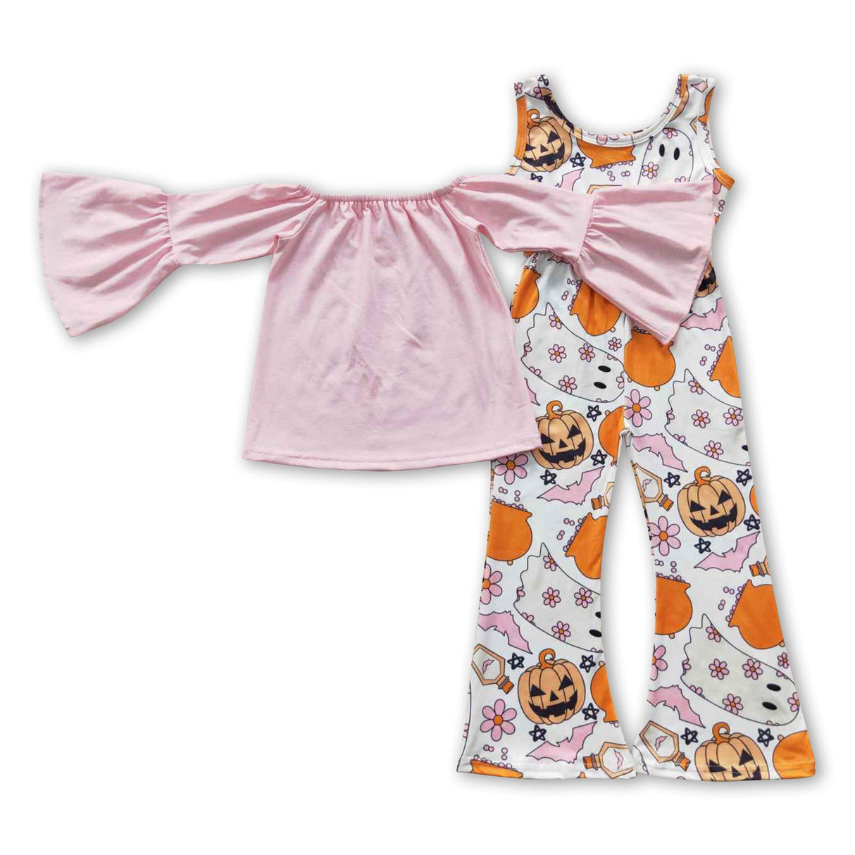 Pink top ghost bat overalls girls Halloween clothing