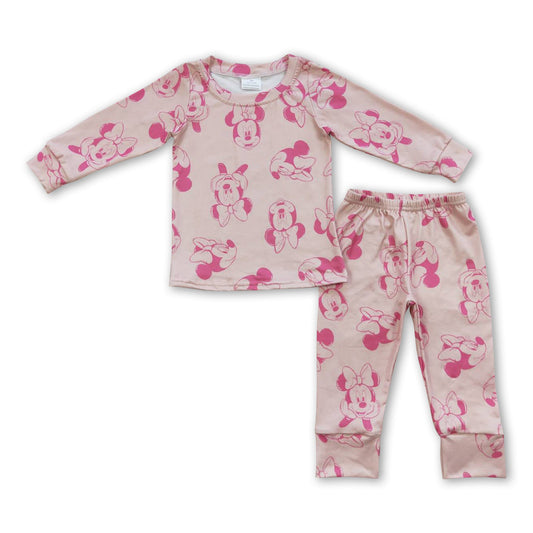 Long sleeves pink mouse kids girls pajamas