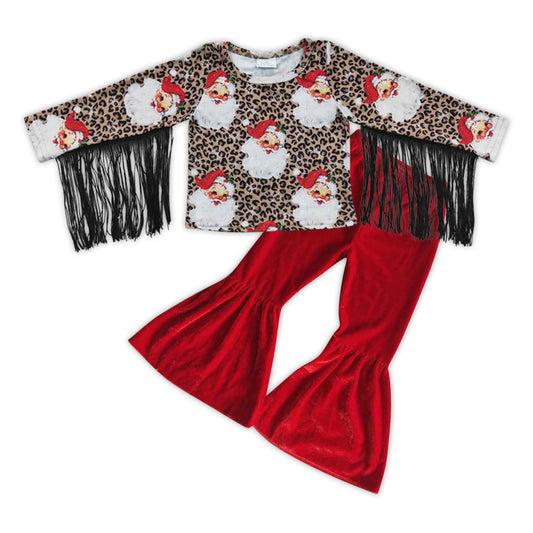 Leopard santa tassels shirt velvet pants girls Christmas set