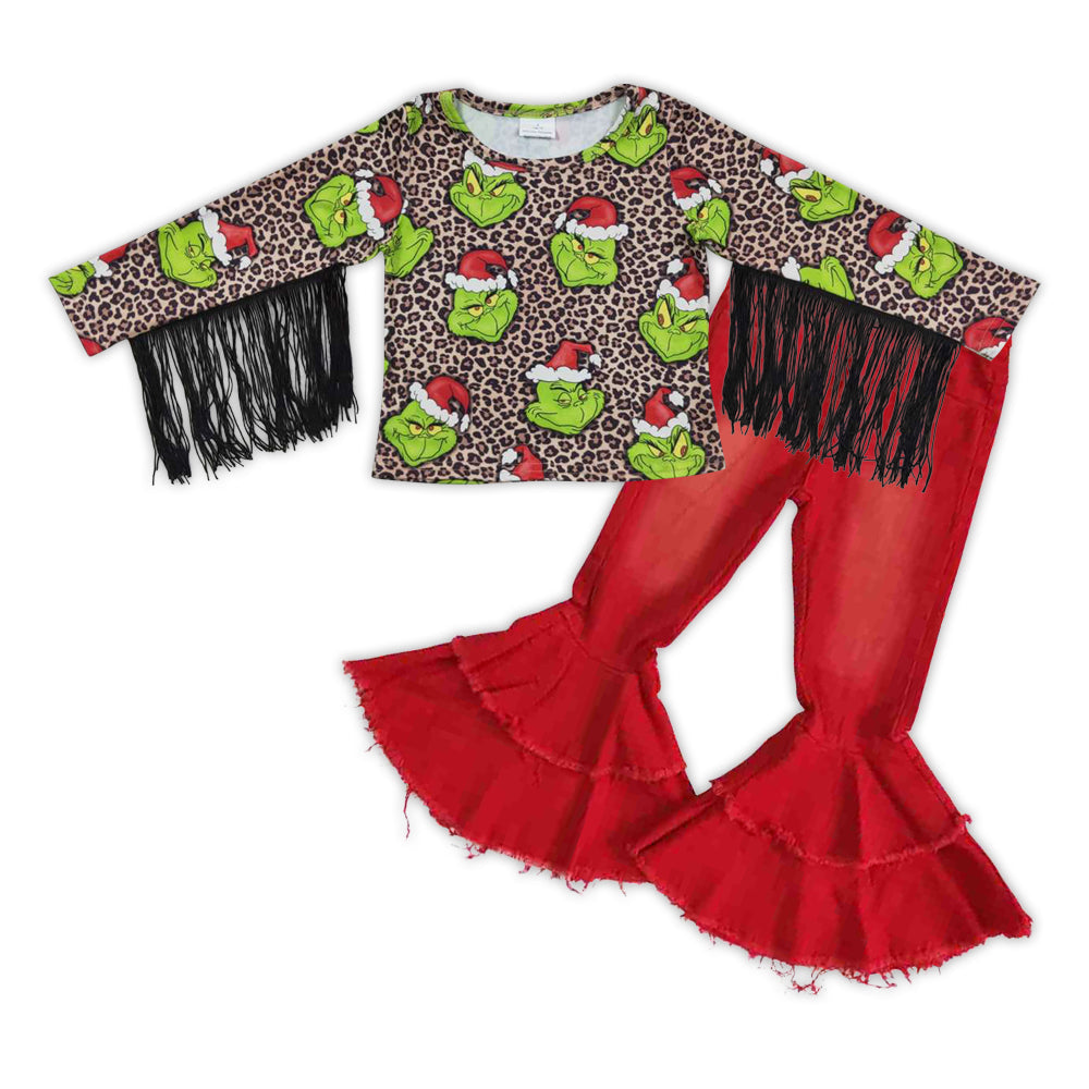 Green face tassels shirt jeans girls Christmas outfits