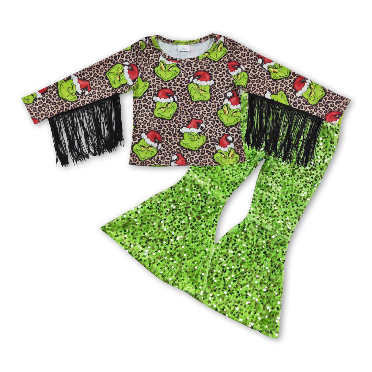 Green face leopard tassels sequin pants girls Christmas clothes