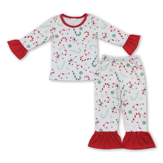 Candy cane ruffle long sleeves kids girls Christmas pajamas