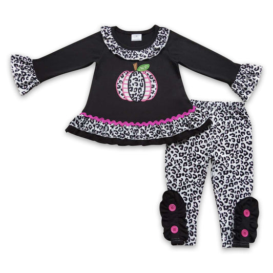 Black pumpkin ruffle top leopard leggings girls fall clothes