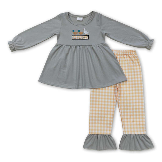 Duck goose grey tunic yellow plaid pants girls outfits