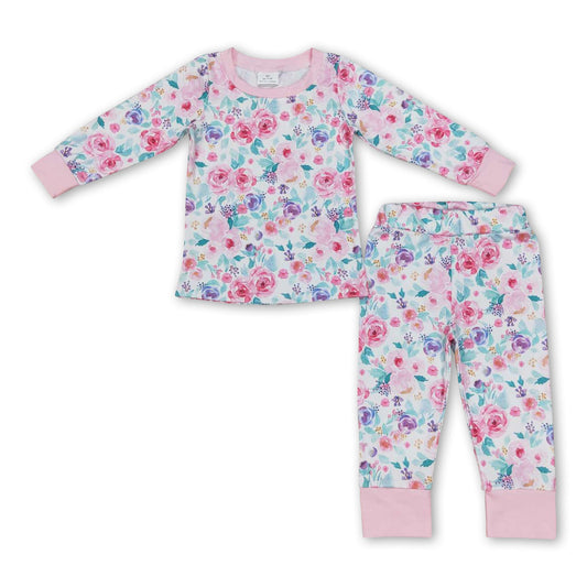 Pink floral long sleeves baby girls pajamas