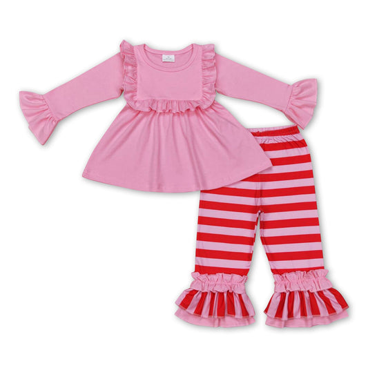 Pink tunic red stripe kids girls clothing set