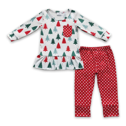 Christmas tree ruffle polka dots top pants girls pajamas