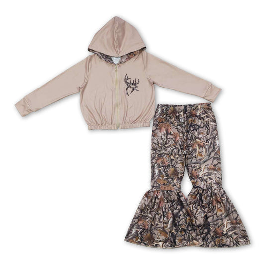 Deer hoodie camo bell bottom pants girls clothing set