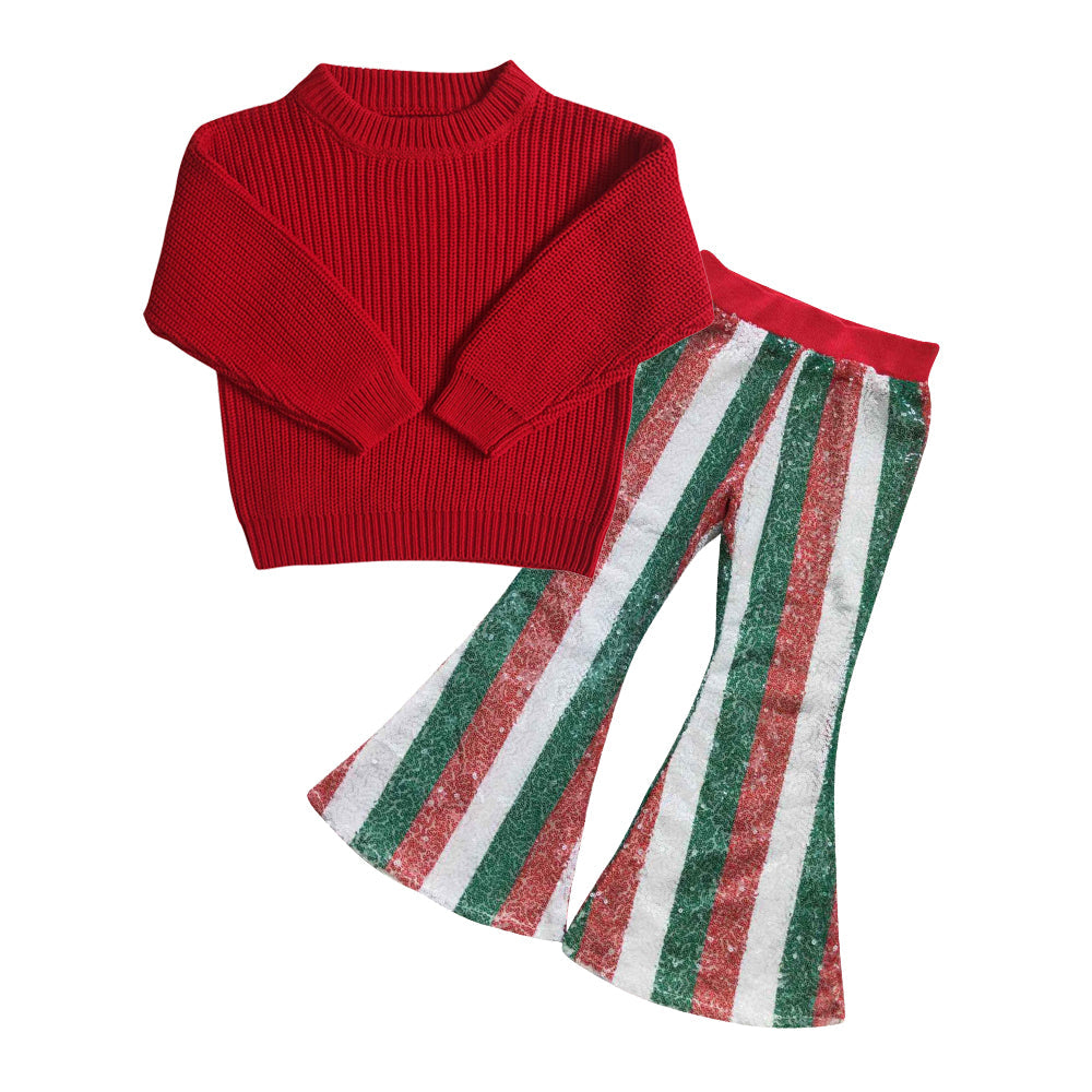 Red sweater green stripe pants kids girls Christmas clothes