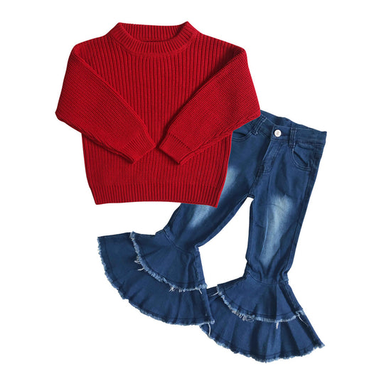Red sweater blue washed jeans kids girls clothes