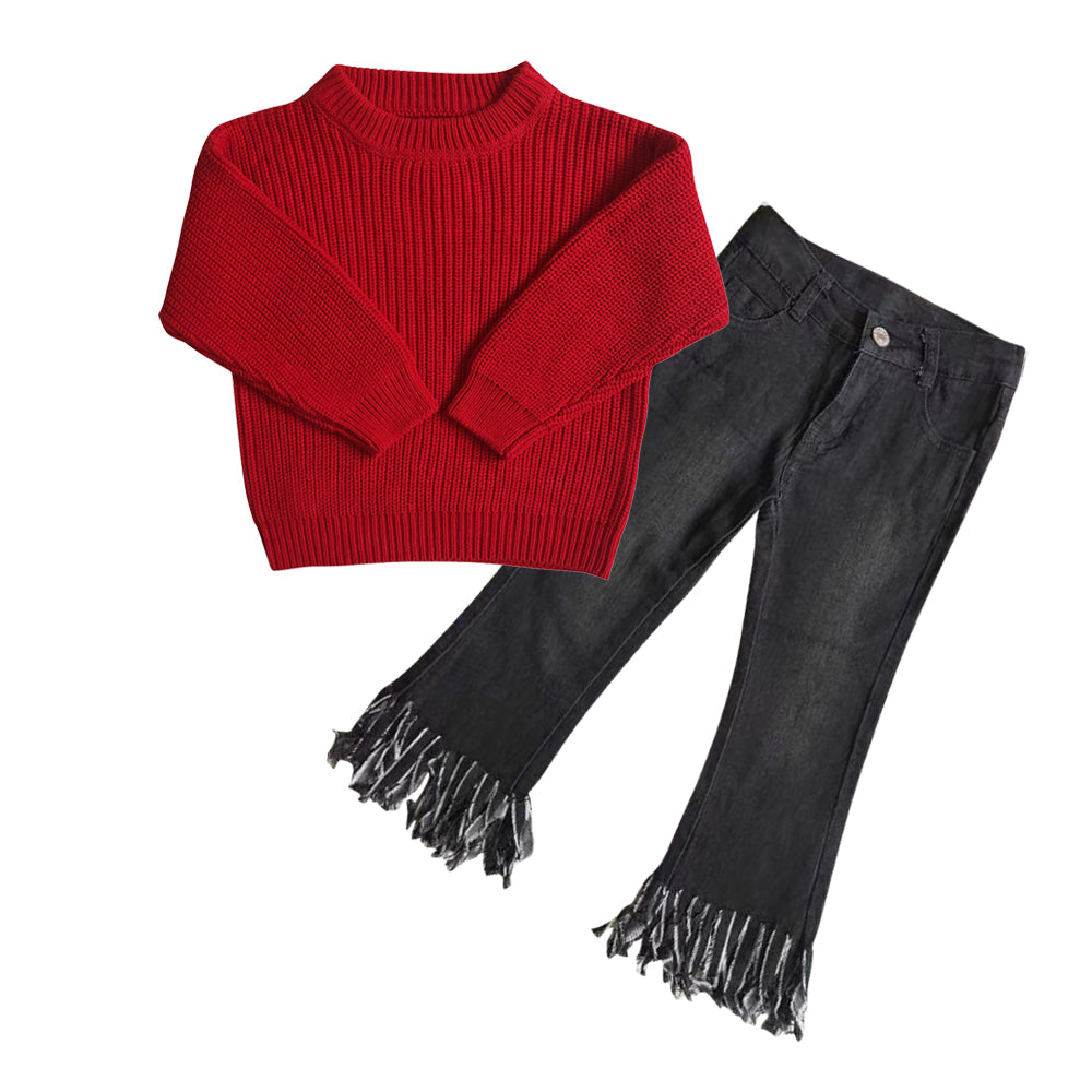 Red sweater blue black tassels jeans kids girls clothes Yawoo Garments