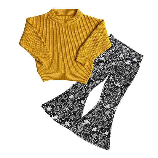 Yellow sweater cactus jeans kids girls clothes