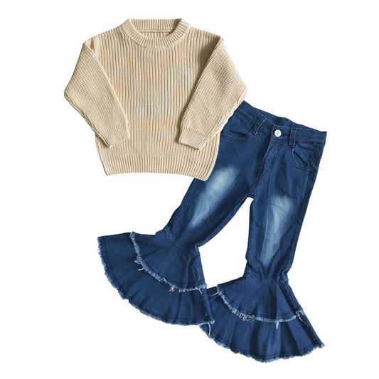 Beige sweater washed blue jeans kids girls clothes