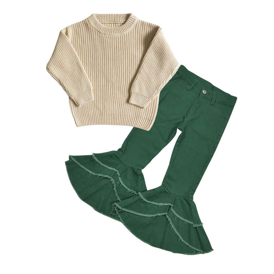 Beige sweater green ruffle jeans kids girls clothes