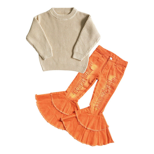 Beige sweater orange distressed jeans kids girls clothes