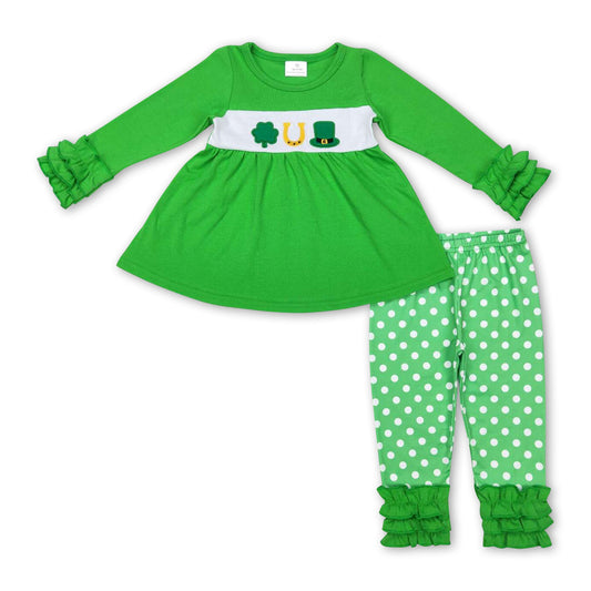 Green clover hat tunic polka dots girls st patrick's outfits