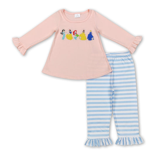 Pink princess tunic stripe ruffle pants girls clothing set