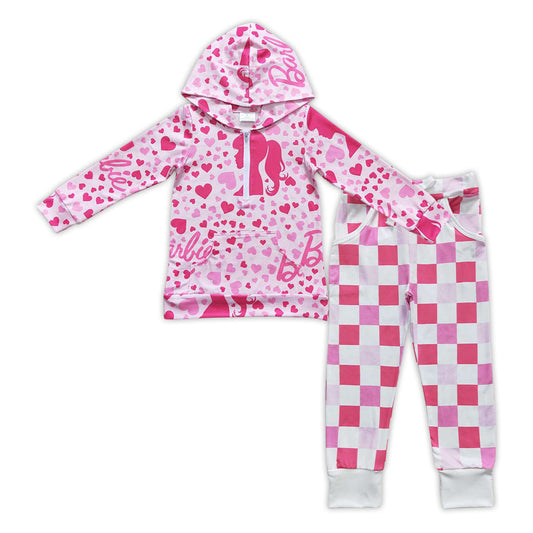 Pink heart pocket hoodie plaid pants party girls outfits