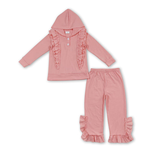 Peach ruffle hoodie match pants girls clothing set
